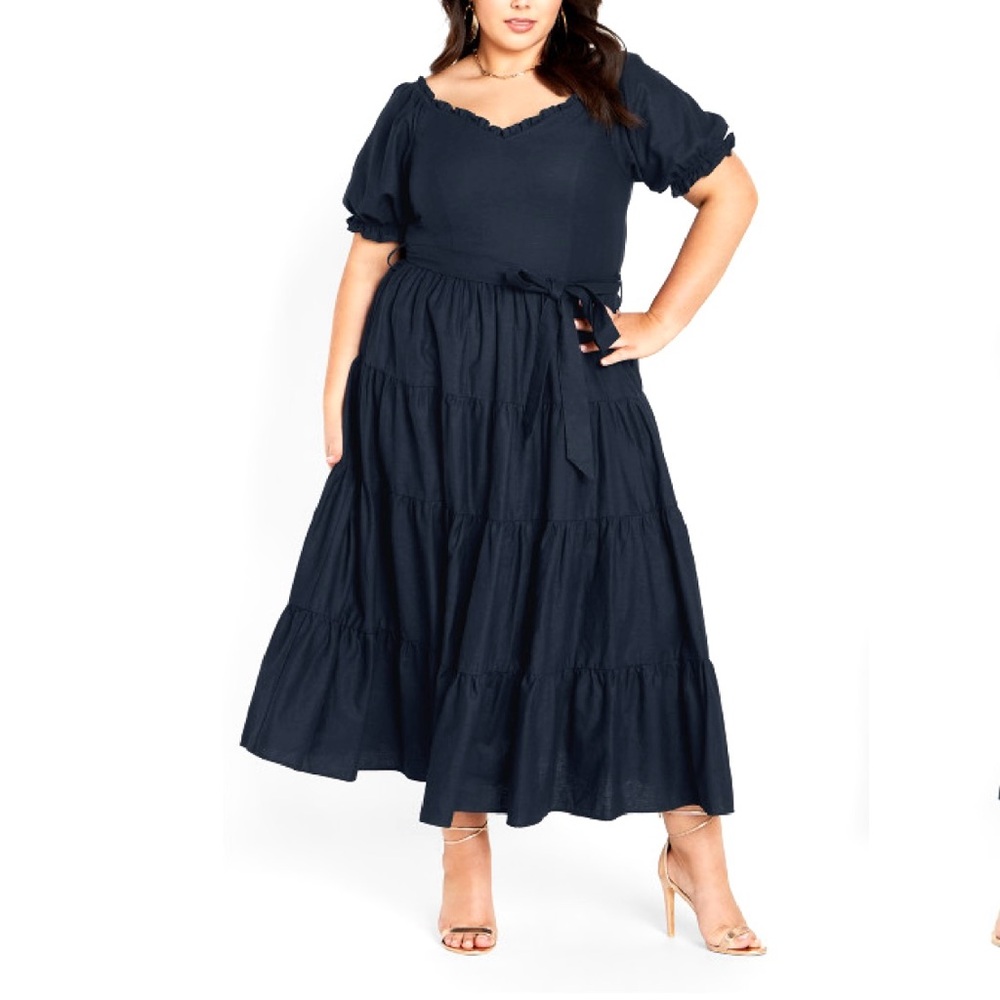 City Chic NWT Womens Plus Size‎ 22 Puff Sleeve Tiered Maxi Dress Navy Blue Linen